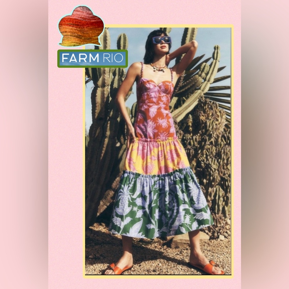 NEW FARM RIO tropical swing mix sweetheart cotton midi dress in multi Large